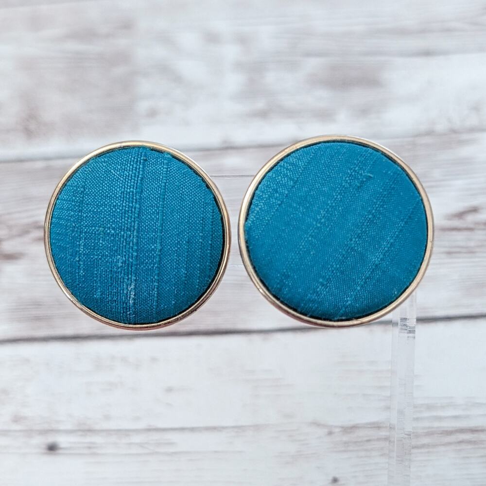 Vintage Clip On Earrings Large Blue Circle with Gold Tone Thin Halo